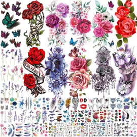 66 Sheets 3D Peony Rose Flowers Temporary Tattoos For Women Girls Arm Sleeve Thigh, Lavender Butterfly Fake Tattoos For Adults, Bulk Realistic Watercolor Floral Temp Long Lasting Tattoo Sticker