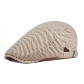 Folmywy Beige Men's Mesh Flat Cap Newsboy Hat Breathable Soft Summer Newsboy Hat Ivy Cap Hunting Hats Plain Cotton Rugged Fit Cabbie Trucker Driving Outdoor