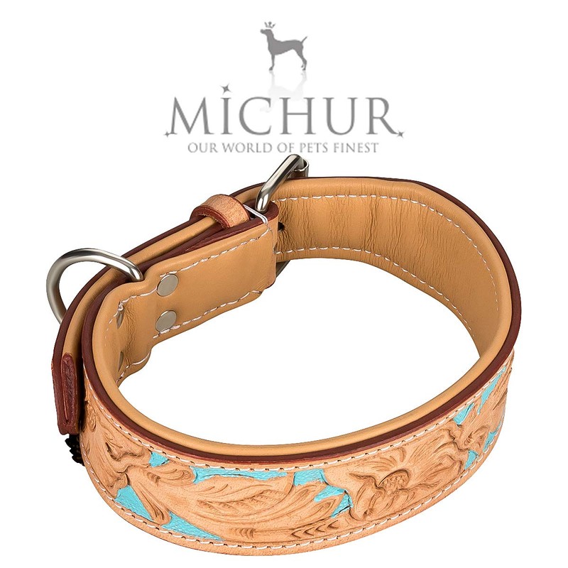 Michur Mariano Leather Dog Collar Beige Blue Brown Leather with