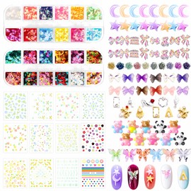 12 Sheets Nail Art Sticker 70 Nail Charms Nail Art Decoration with 2 Boxes Holographic Nail Art Glitter Flakes Butterfly Heart Star Moon Nail Sequins for Nail Art Accessories (01)