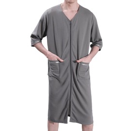 Men's Soft Pajamas Summer Robe Waffle Fall Long Zip Up 3/4 Sleeve House Cool Knee Length Loose Bathrobe, Grey, Large