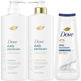 Dove Daily Moisture Shampoo & Conditioner Set with Deep Moisture Body Wash – Deep Hydration for Revitalizing Dry Hair and Skin (3-Piece Set)