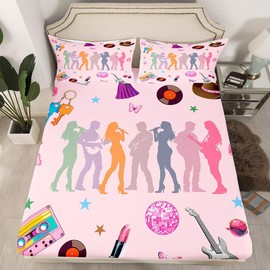 jejeloiu - Juego de cama de música para niñas para mujer, funda de cama para guitarra cantante, tamaño queen, estética rosa, moderno, disco, serpiente, mariposa, sábana bajera ajustable con bolsillo