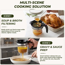 Chillnstay 4-Cup Fat Separator with Bottom Release, Gravy Separator and Grease Separator Cup with Fine Mesh Strainer for Broth, Sauce and Pan Drippings, Loofah Dish Sponge Included