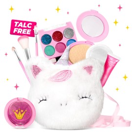 ULOVEME Talc Free Safe Makeup for Girls 4-6 with Small Coin Purse(5.5x5.25in) -My First Makeup Set - Hypoallergenic, Washable, Real, Non Toxic- Princess Dress Up Toys (White Umicorn v2)