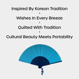 Kepitome Korean Traditional Hand Held Folding Fan, 8.27"(21cm) Bamboo and Korean Paper (Hanji) Hand Fan - With a Fabric Sleeve for Protection, Korean Charming Elegant Vintage Retro Style (Blue)