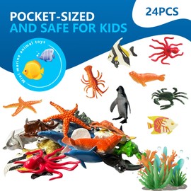 24PCS Mini Sea Animal Toys for Kids – Realistic Ocean Creatures Figures, Plastic Marine Life Bath Toys, Educational Party Favours for Toddlers & Children