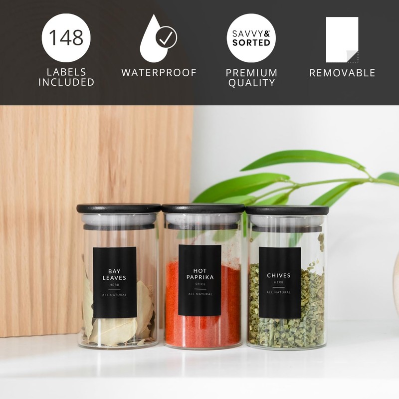 Black Spice Labels for Glass Jars, 148 Spice Jar Labels