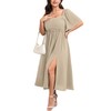 SHESTARR Womens Plus Size Maxi Dress Pleated Square Neck Short Sleeve Smocked High Waist Flowy A-Line Slit Elegant Dresses Beige