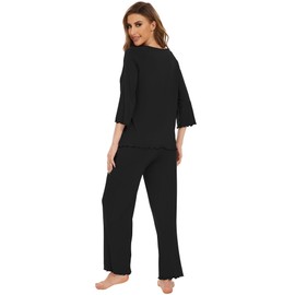 WiWi Womens Bamboo Pajamas 3/4 Sleeve Tops with Full Length Pants Pajama Sets Loose Comfy Warm Sleepwear Pjs S-XXL, Black, Medium