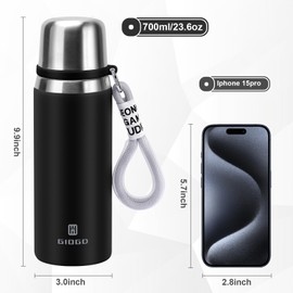 Insulated Stainless Steel Bottle 700ml/23.6oz with Cup Vacuum Thermo Bottle for hot and Cold Coffee Drink Water Thermo Flask with Cup.(Black,700ml)