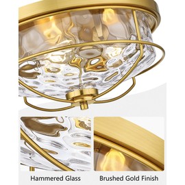 15 Inch Flush Mount Ceiling Light, HWH 3-Light Modern Close to Ceiling Light Fixtures Brushed Gold Finish for Kitchen Porch Foyer with Hammered Water Ripple Glass, 5HTJ102WG-F BG