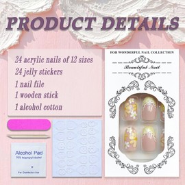 Oval Press on Nails Short SWEKKE French Tip Fake Nails Cute False Nails with Yellow Floral Bow Designs Full Cover Glossy Glue on Nails Stick on Nails for Women Girls 24Pcs