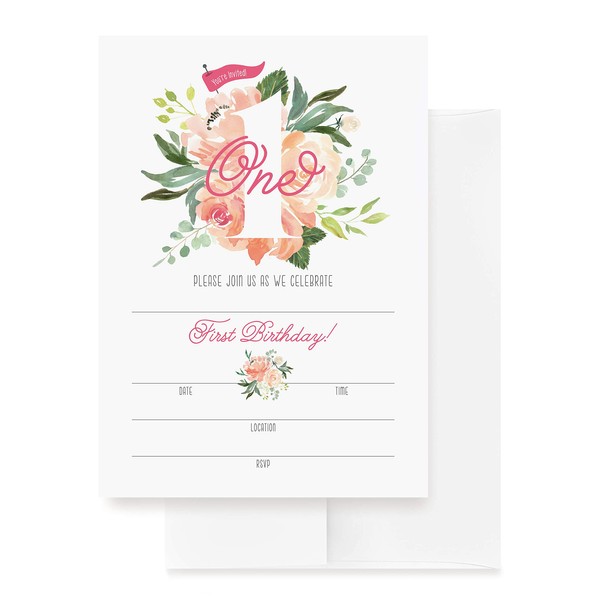 Bliss Collections First Birthday Invitations with Envelopes, 25 Blank Fill-In Boho Baby Shower Invites in Pink Floral Greenery Design, 5 x 7 Cards to Match Your Baby Shower Decorations and Decor
