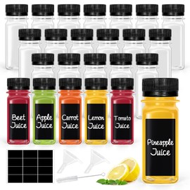 FYSUIMU 48 Pcs 2oz Empty Plastic Mini Juice Bottles with Caps Reusable Clear Shot Bottle Containers with Black Lids Funnels for Ginger Water Milk Drink Beverages