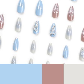 MouyouGlow Press on Nails Short, Almond Shimmer Baby Blue Glitter 3D Bow Stars Heart Charm Gems Coquette Fake Nails with Nail Glue, Korean Artificial Fingernails