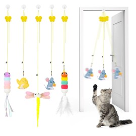 Jieffifa 5pcs Interactive Retractable Hanging Toys for Cats Teaser Cat Toys for Indoor Adult Cats Kitten, Includes Bell Feather, Mouse, Bird, Worm, Suspension Elastic Rope