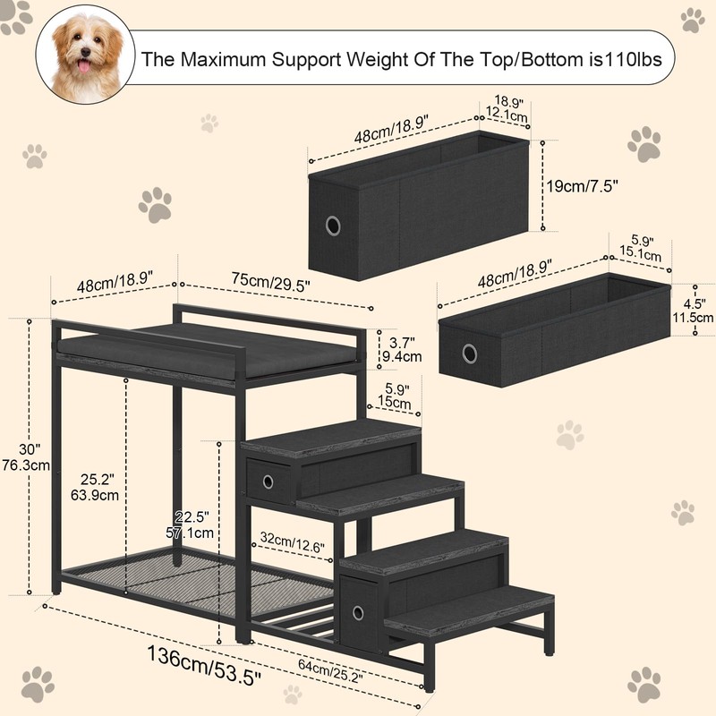 Saudism Pet Bunk Bed with Removable Stairs and 2 Drawers,