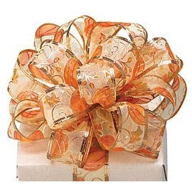 Orange Pumpkins & Vines on Sheer Ribbon with Metallic Trim, 20 Yard Roll