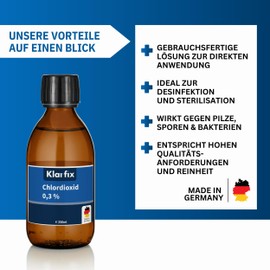Klarfix Chlorine Dioxide 0.3% CDL CDs Ready Solution for Drinking Water Disinfection on the Go Sterilisation, Antibacterial, Made in Germany (4 x 250 ml)