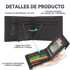 KIONTS Cartera Hombre con Bloqueo RFID, Cartera de Piel para Caballero, Billetera Minimalista Plegable con 8 Bolsillos para Tarjetas de Crédito,Ventana de Identificación y Capa con Cremallera (Claro)