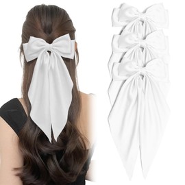 3PCS White Bow for Hair Big Hair Bows for Women Silky Satin Ribbon Bow Hair Clips Wedding Barrettes with Long Tail Aesthetic Cute Valentine's Day Hair Accessories Gifts for Girls