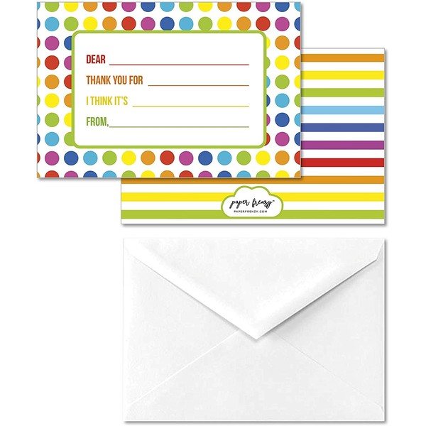 Paper Frenzy Colorful Dot Children's Kid Write In Thank You Note Cards and Envelopes Easy to Fill out