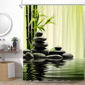 YSSFAV Zen Stone Spa Shower Curtain Green Bamboo Minimalist Relaxing Bathroom Decor Curtains Set with Hooks, 70" W x 70" H