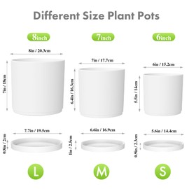 Meowell 8/7/6 inch Plant Pots, Set of 3 Cylinder Flower Pots for Outdoor Indoor Plants, Decorative Plastic Planters with Drainage Holes and Saucers for Garden House Plants, White