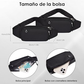 2PCS Riñonera Deportiva Impermeable, Multifuncional con Cremallera (Negro + Negro)