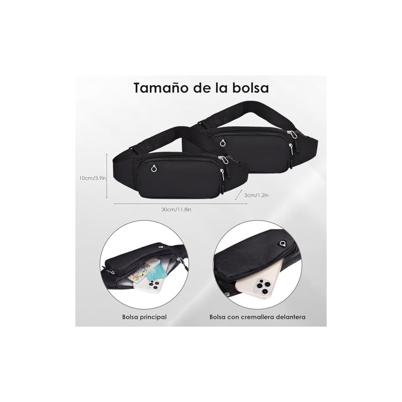 2PCS Riñonera Deportiva Impermeable, Multifuncional con Cremallera (Negro + Negro)