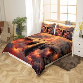 Fighter Plane Kids Boys Bedding Set 3D Aircraft Comforter Cover Red Fire Gray Cloud Duvet Cover Room Decor Sky Plane Bedspread Cover Twin Bedding Collection 2Pcs,No Comforter