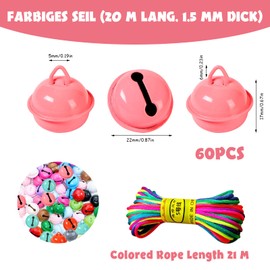 Pack of 60 bells for crafts, 22 mm, colourful small bells, with colourful rope for crafts, jewellery, Christmas decoration, pet bells