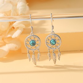 PARYFO Dream Catcher Earrings for Women 925 Sterling Silver Western Earrings Bohe Turquoise Dream Catcher Pendant Cowgirl Earrings Turquoise Jewelry Mother's Day Gifts for Women