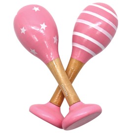 PREMYO Rattle Baby Music Toy - Wooden Toy Maracas Baby Toy - Stripes Pink White