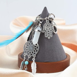 IUDWCG Dream Catcher Keyring Feather Gemstone Key Ring Bohemian Style Metal Key Ring Gift for Girls and Women Couples (Blue), silver