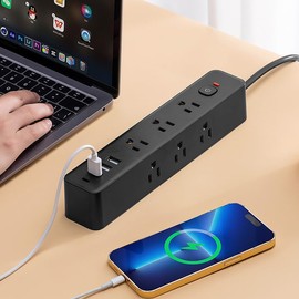 Power Strip Surge Protector - 9 Widely Outlets with 3 USB Ports 1 USB C, 3-Side Outlet Extender Strip, 5 Ft Extension Cord Flat Plug, Desk Charging Station for Home Office, ETL Listed