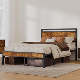 Z-hom Queen Bed Frame with Modern Wood Headboard & Footboard, Upgraded Heavy Duty Metal Sturdy Bed Frame Queen Size, Stable Platform Bed Furniture Bed Storage, No Noise, No Box Springs, Vintage Brown