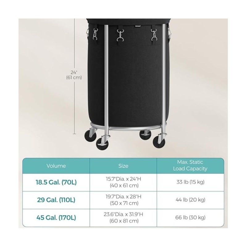 SONGMICS HOME Laundry Basket with Wheels, Rolling Laundry Hamper, Round