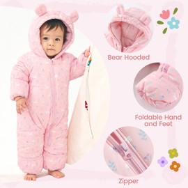 JiAmy Baby Toddler Snowsuit Winter Romper Suit, Baby Boys Girls Bear Hooded Footed Romper Snow suits Cartoon Zipper Jumpsuit Winter Outfits Clothes Pink 12-18 Months