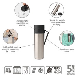 Brabantia - Make & Take Insulated Flask with Belt-Clip, Keeps Drinks Hot for 6 Hours or Cold for 12 Hours, Leak-Proof and Dishwasher Safe - Dark Grey, 0.5L