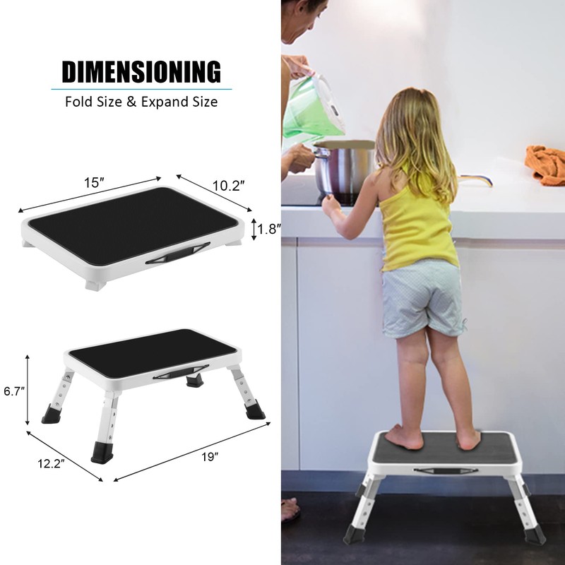 Jocauto Folding Step Stool, Height-Adjustable Step Stool with Non-Slip Platform,