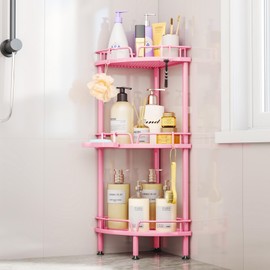 Consumest Corner Shower Caddy Stand - 3 Tier Shower Organizer with Soap Holder, Standing Tall Floor Shower Stand with Adjustable Feet & 4 Hooks, Shower Shelf Rack Storage for Bathroom Pink