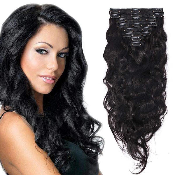 Clip-In Real Hair Extensions Double Weft Hair Extensions 8 Pieces 100% Remy Hair for Full Head Natural Black #1B - Wavy-1 18 inch (45 cm) – 140 g