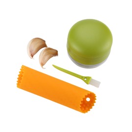 DOSMAMZ Garlic Peeler Garlic Mincer, Press, Cutter, and Storage Container - Includes Silicone Garlic Peeler and Mini Brush - Easy to Clean - Stainless Steel Blades