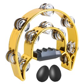 EASTROCK Tambourine Music Percussion Instrument Double Row Metal Bell Handheld Half-Moon Tambourine Chrome Plated Handdrum Metallic Texture and Egg Shakers for Adults KTV Party Band (Gold)