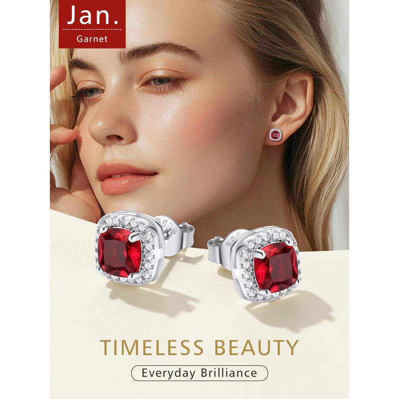 FindChic Square Garnet Earrings January Birthstone Sterling Silver Cubic Zirconia