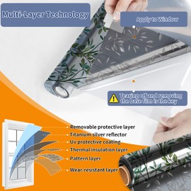 QHYsunshine One Way Privacy Film, Window Tint for Home,Daytime Reflective, Anti UV Static Cling Sliding Door Coverings No Glue Garage Solar Paper (Silver-Leaves, 35.4 x 157.4 in)