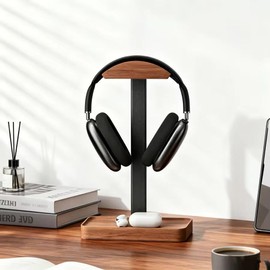 Solid Wood Headphone Stand for Gaming and Office Desks – Walnut-Style Design with Aluminum Alloy Support for Desktop Organization