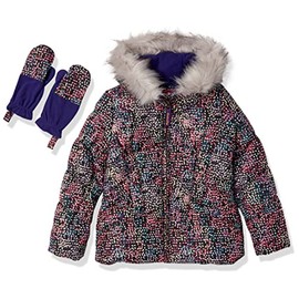 London Fog Girls' Quilted Puffer Winter Jacket with Fleece Hat, Purple Fuchsia Heart, 2T